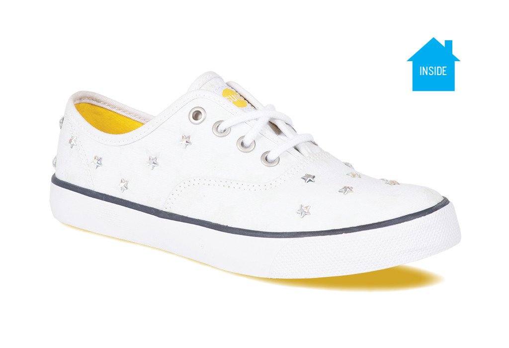 Womens casual CVO sneaker with silver rhinestones and blue stars that change color