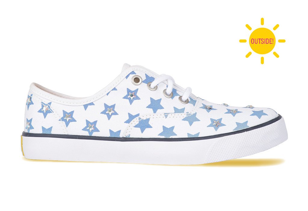 Womens casual CVO sneaker with silver rhinestones and blue stars that change color